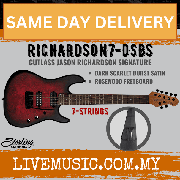 Sterling RICHARDSON 7 Cutlass 7 String El Guitar, Dark Scarlet Burst Satin / Natural Poplar Burl Burst ( RICHARDSON7)
