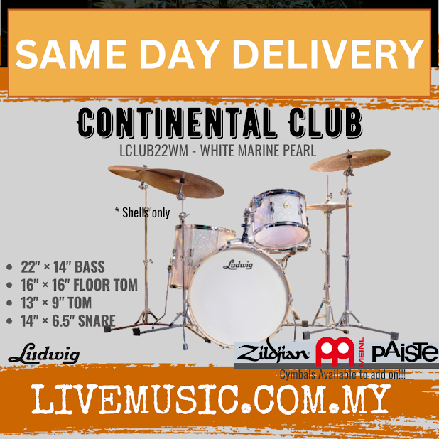 Ludwig LCLUB22WM Continental Club 4-Piece Drum Kit (22B+16F+13T+14S), White Marine Pearl