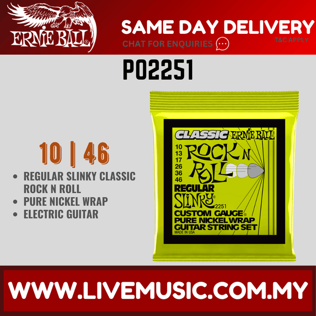 Ernie Ball 2251 Regular Slinky Classic Rock N Roll Pure Nickel Wrap Electric Guitar Strings, 10-46 Gauge