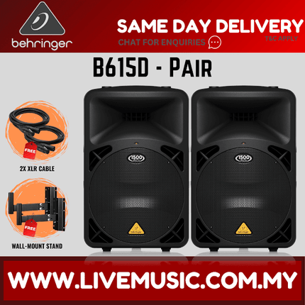 Behringer Eurolive B615D 1500W 15" Powered Speaker w/Wireless Mic, Speaker Stand and Cable - Pair ( B-615D / B 615D )