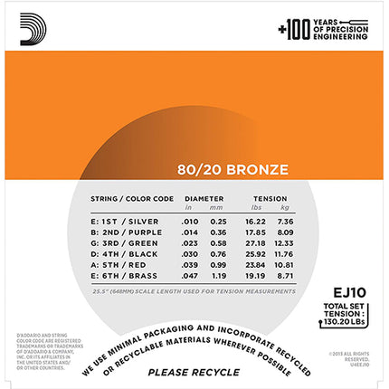 D'Addario EJ10 - 80/20 Bronze Acoustic Strings, Extra Light (10-47)(DAddario)