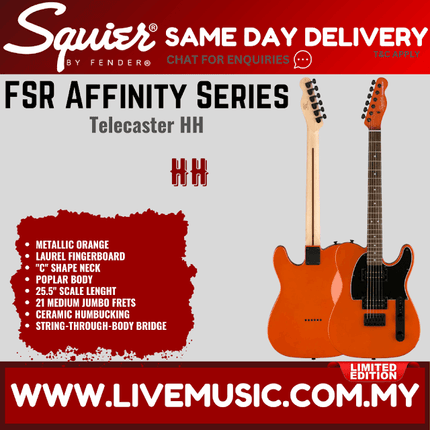 Squier FSR Affinity Series HH Telecaster Electric Guitar, Laurel FB, Metallic Orange