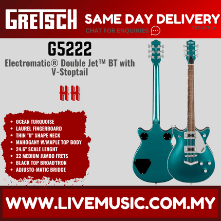 Gretsch G5222 Electromatic Double Jet BT Electric Guitar w/V-Stoptail, Laurel FB, Ocean Turquiose