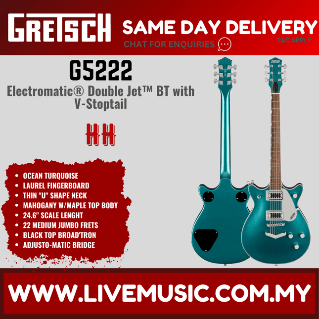 Gretsch G5222 Electromatic Double Jet BT Electric Guitar w/V-Stoptail, Laurel FB, Ocean Turquiose