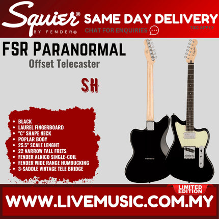 Squier FSR Paranormal Offset Telecaster Electric Guitar, Laurel FB, Black