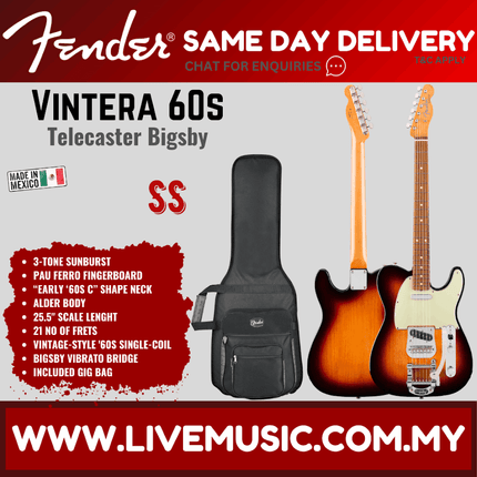 Fender Vintera 60s Telecaster Electric Guitar with Bigsby, Pau Ferro Fretboard with Gig Bag - 3-Tone Sunburst