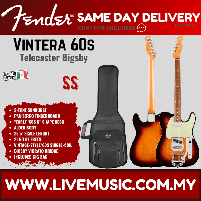 Fender Vintera 60s Telecaster Electric Guitar with Bigsby, Pau Ferro Fretboard with Gig Bag - 3-Tone Sunburst