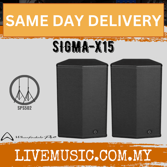 Pair of black loudspeakers, rectangular cabinets with textured grille and front logo