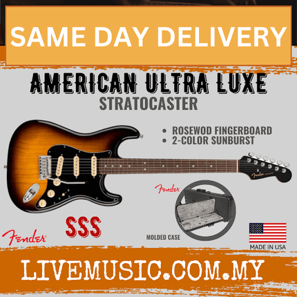 Fender American Ultra Luxe Stratocaster Electric Guitar, RW FB, 2-Color Sunburst