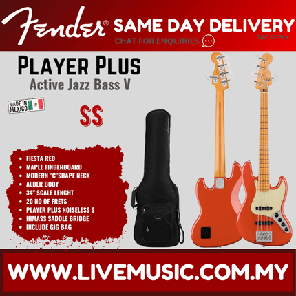Fender Player Plus Active Jazz Bass V Guitar, Maple FB, Fiesta Red