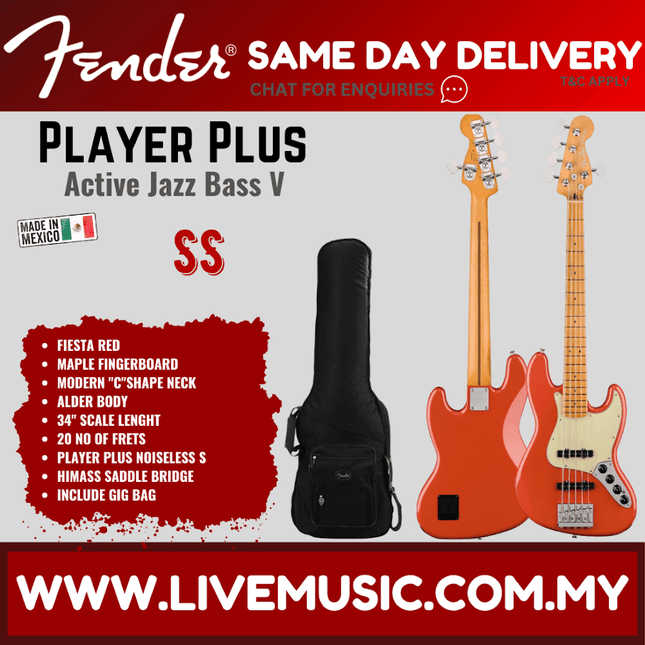 Fiesta red active Jazz Bass V with maple fretboard and Fender-style headstock
