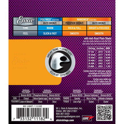 Elixir 11182 Nanoweb 80/20 Bronze Acoustic Guitar Strings (13-53)