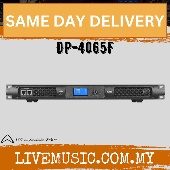 Black rackmount amplifier front panel with Ethernet display and control knobs