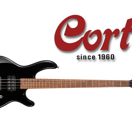 Black 4-string electric bass guitar with Cort logo and strap tuner