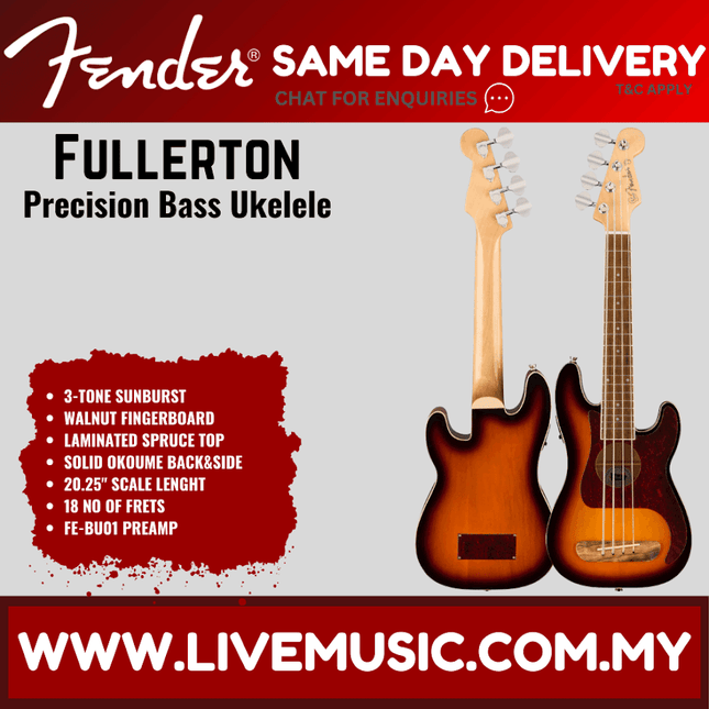Fender Fullerton Precision Bass Ukulele, 3-Tone Sunburst