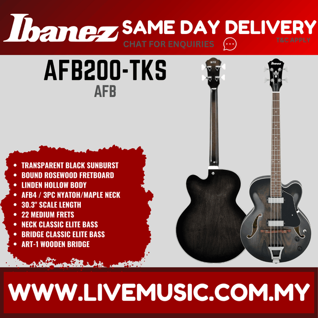 Ibanez Artcore AFB200-TKS Hollowbody Bass Guitar - Transparent Black Sunburst ( AFB200 TKS / AFB200TKS )