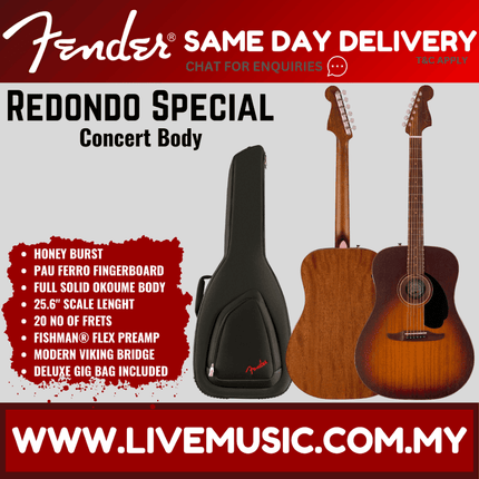 Fender Redondo Special Acoustic Guitar w/Bag, PF FB, Mahogany Top/Honey Sunburst
