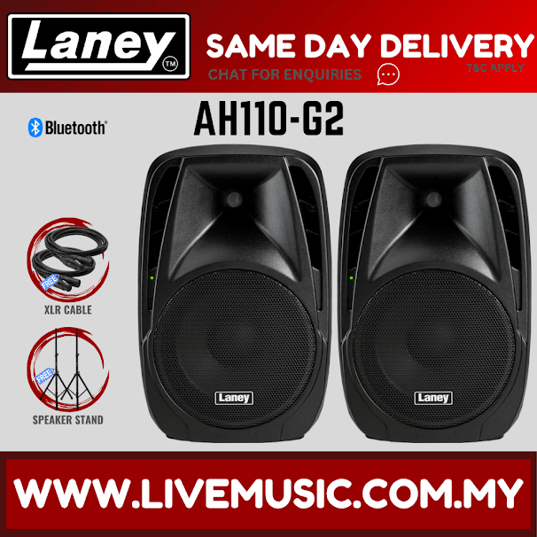 Two black Laney AH110-G2 speakers with XLR cable and speaker stand icon