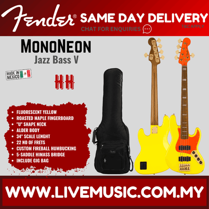 Fender MonoNeon Jazz Bass V Guitar, Fluorescent Yellow