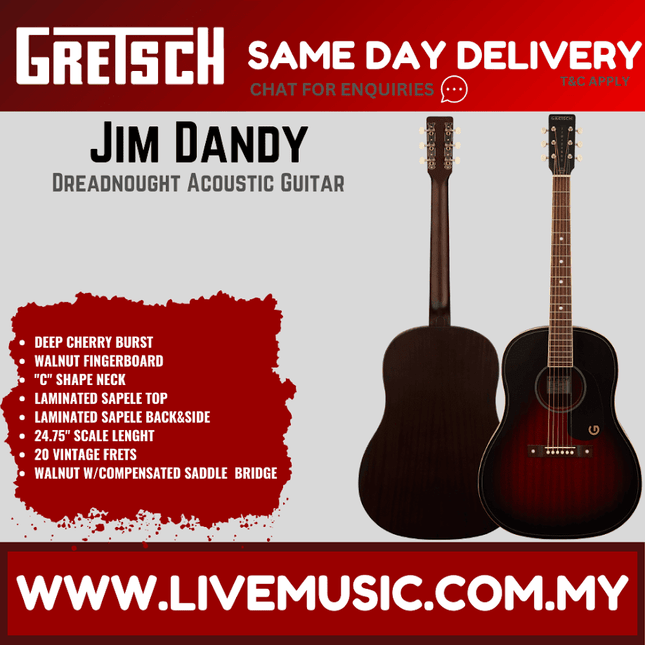Gretsch Jim Dandy Dreadnought Acoustic Guitar, Deep Cherry Burst