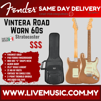 Fender Vintera Road Worn 60s Stratocaster Electric Guitar, PF FB, Firemist Gold