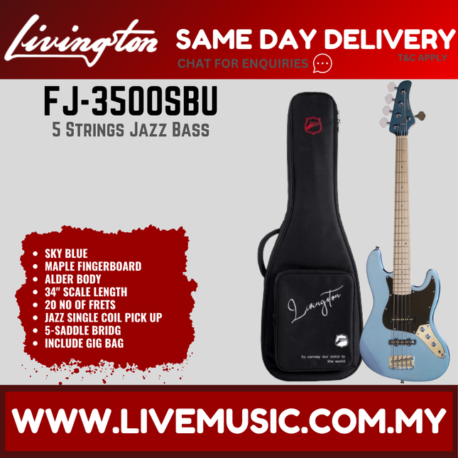 Livingston FJ-3500 5-String Jazz Bass Guitar, Rosewood Fretboard, w/Gig Bag-Sky Blue ( JB 3500 JB3500 / FJ 3500 FJ3500 )