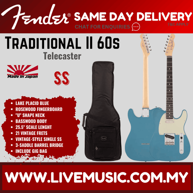Fender Japan Traditional II 60s Telecaster Electric Guitar, Rosewood Fretboard with Gig Bag - Lake Placid Blue