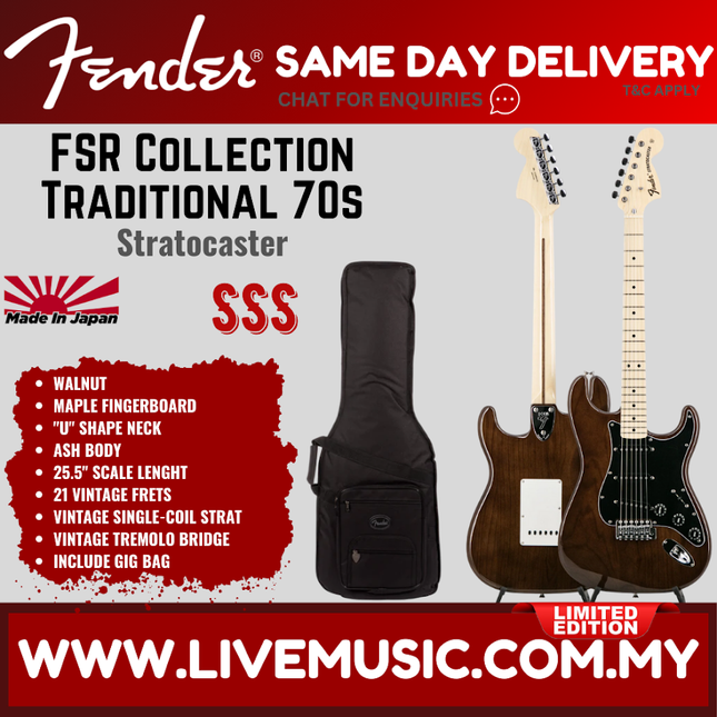 Fender FSR Collection Traditional 70s Stratocaster Electric Guitar, Maple FB, Walnut