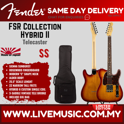 Fender FSR Collection Hybrid II Telecaster Electric Guitar, RW FB, Sienna Sunburst / Inca Silver / Gun Metal Blue