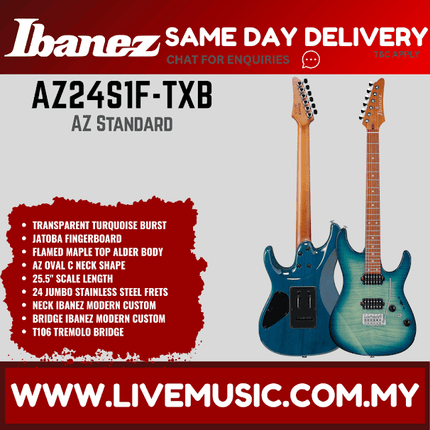 Ibanez AZ24S1F AZ Series Flamed Maple Top HH Electric Guitar, Jatoba FB, Transparent Turquoise Burst ( AZ-24S1F / AZ 24S1F )