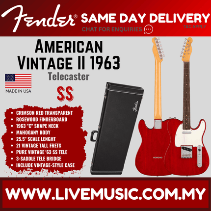Fender American Vintage II 63 Telecaster Electric Guitar, RW FB, Red Transparent