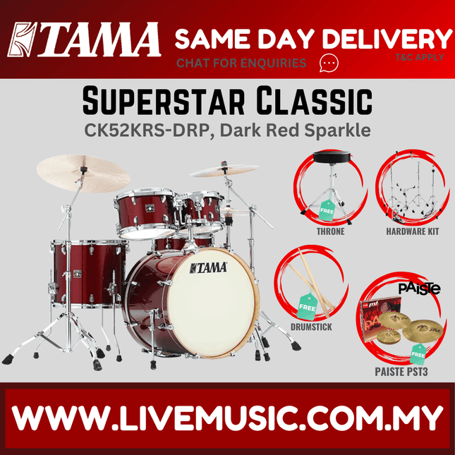 5-piece drum set with cymbals, dark red sparkle drum shells, Paiste PST3 cymbals