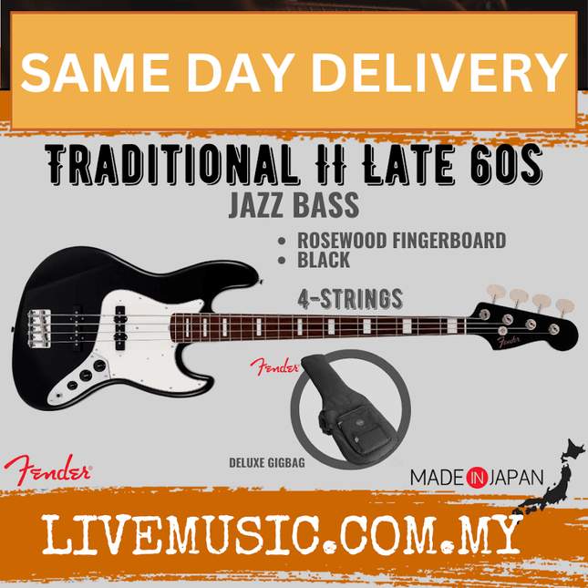 Fender Japan Traditional II Late 60s Jazz Bass Guitar, Rosewood Fretboard - Black