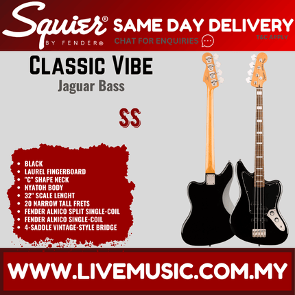 Squier Classic Vibe Jaguar Bass Guitar, Laurel Fretboard - Black