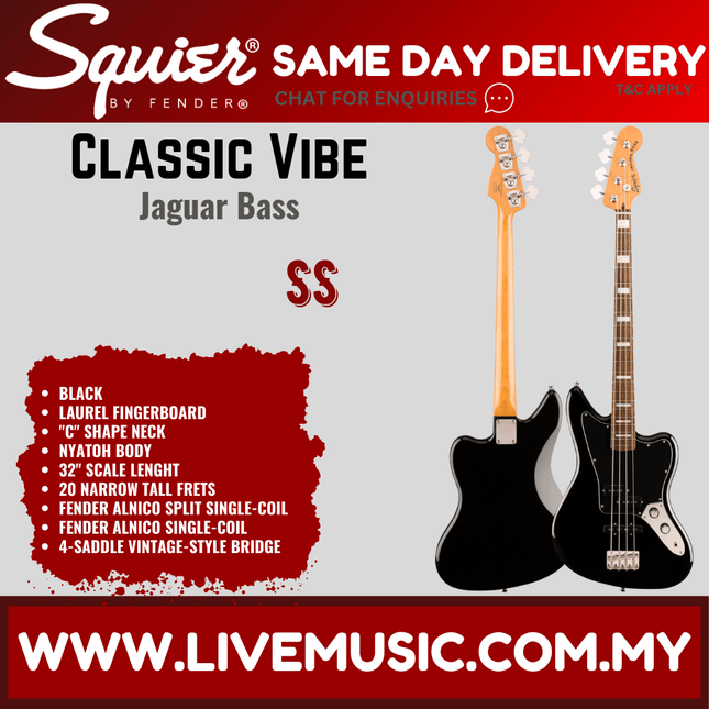 Squier Classic Vibe Jaguar Bass Guitar, Laurel Fretboard - Black