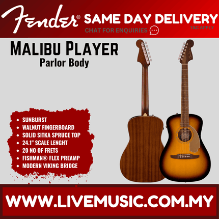 Fender California Malibu Player Small-Bodied Acoustic Guitar, Walnut FB, Sunburst