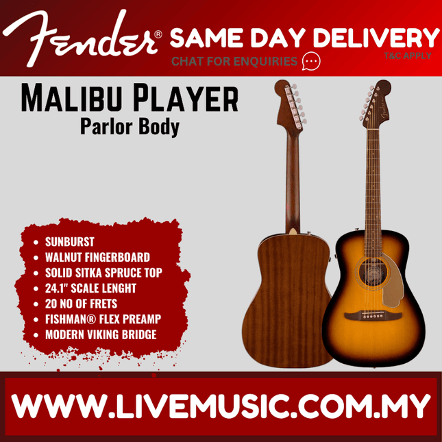 Fender small-bodied acoustic guitars in walnut and sunburst finish, front view