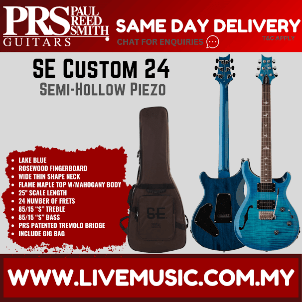 PRS SE Custom 24 Semi-Hollow Piezo w/GigBag, Rosewood FB, Lake Blue