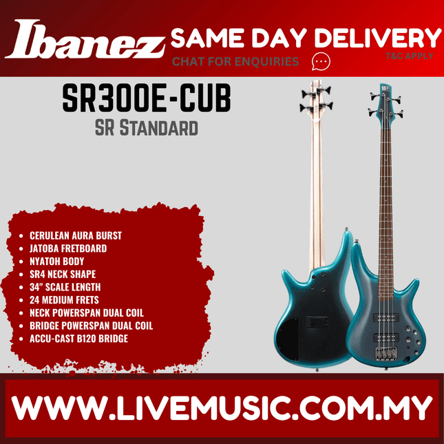 Ibanez Standard SR300E Bass Guitar - Cerulean Aura Burst (SR300E-CUB)