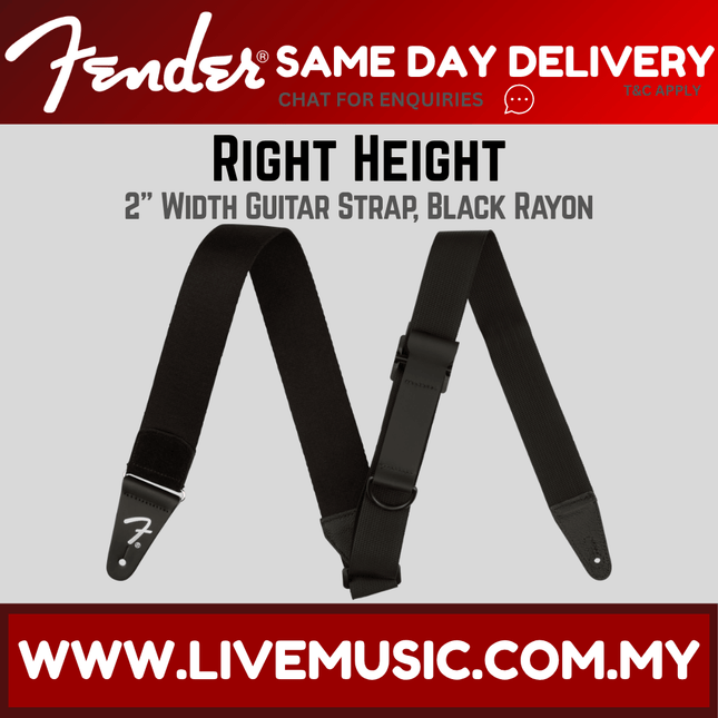 Black rayon right height guitar strap with adjustable buckle and leather end tabs