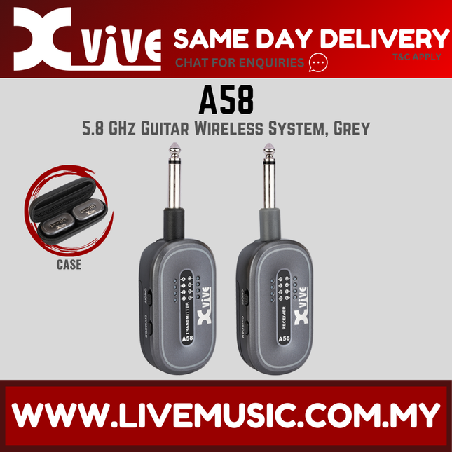 XVive A58 5.8 GHz guitar wireless system, grey transmitter and receiver with case