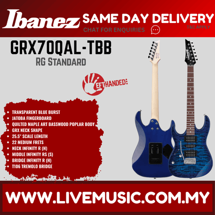 Ibanez Gio GRX70QAL-TBB Left-Handed Electric Guitar - Transparent Blue Burst (GRX70QA)