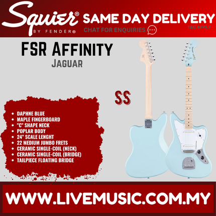 Squier FSR Affinity Series Jaguar Electric Guitar, Maple FB, Daphne Blue