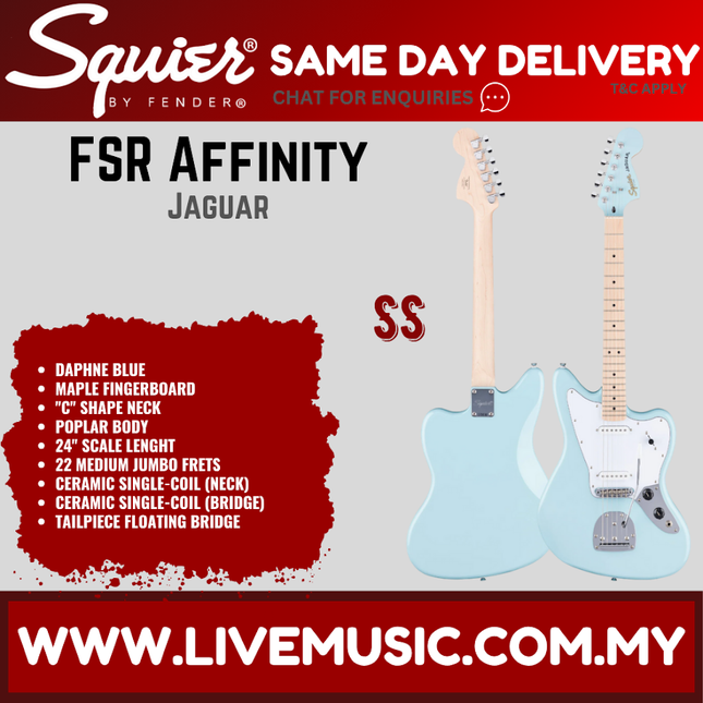 Squier FSR Affinity Series Jaguar Electric Guitar, Maple FB, Daphne Blue