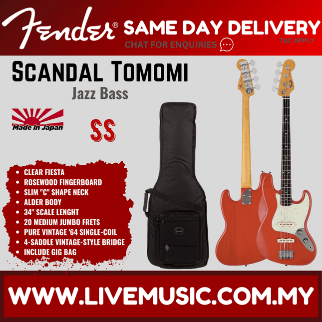 Fender Japan Scandal Tomomi Jazz Bass Guitar, RW FB, Clear Fiesta