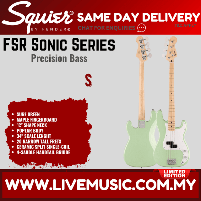 Squier FSR Sonic Precision Bass Guitar w/White Pickguard, Maple FB, Surf Green