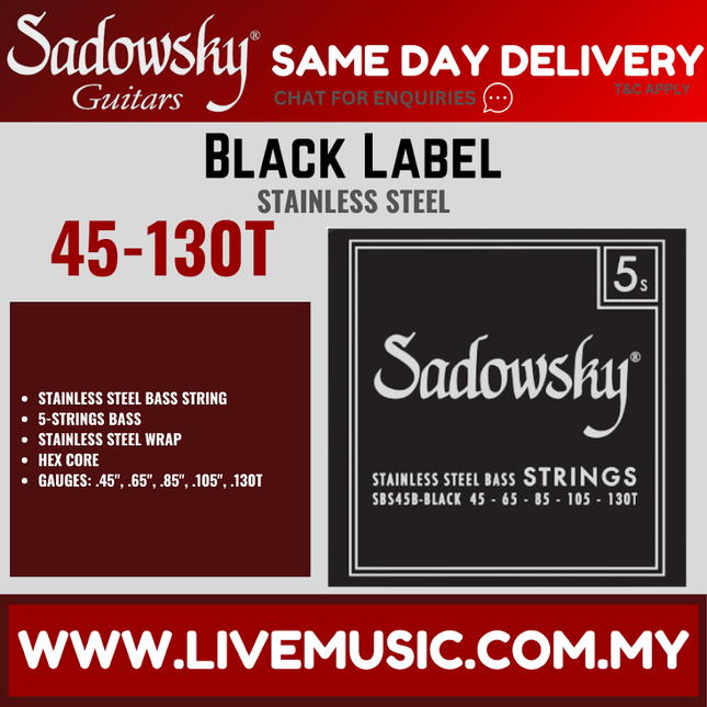 Sadowsky Black Label Stainless Steel 5-String Bass String Set, 045-130