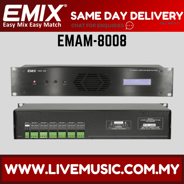 Emix EMAM-8008 6-channel amplifier monitor panel with front and rear views, rack mount