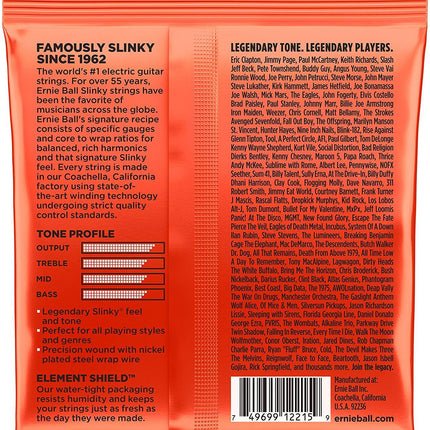 Ernie Ball 2215 strings pack back with specs, elements, and tone profile bars
