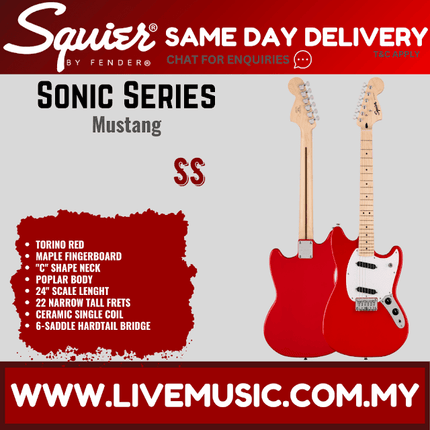 Squier Sonic Mustang Electric Guitar w/White Pickguard, Maple FB, Torino Red